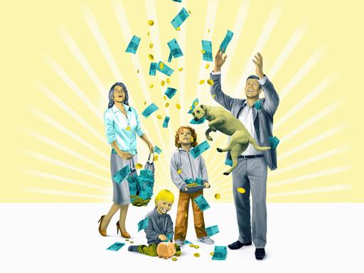 Eine freudige Familie mit Kindern fängt fallendes Geld auf.