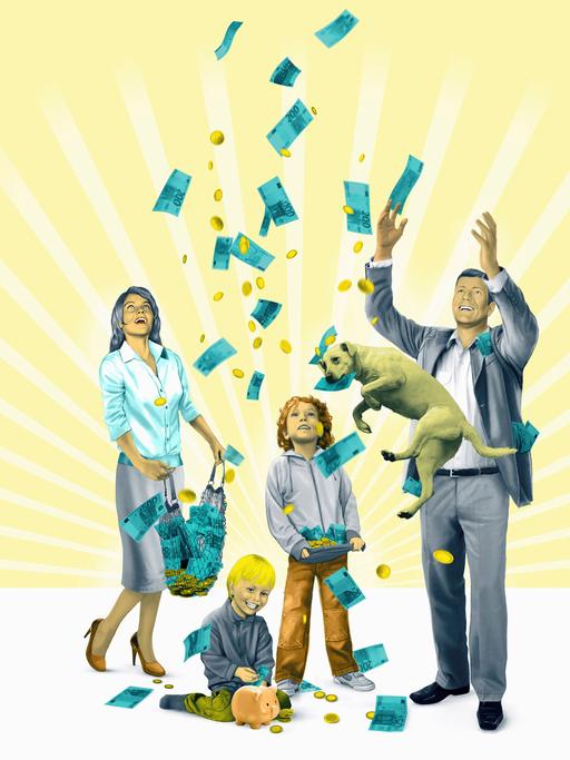 Eine freudige Familie mit Kindern fängt fallendes Geld auf.