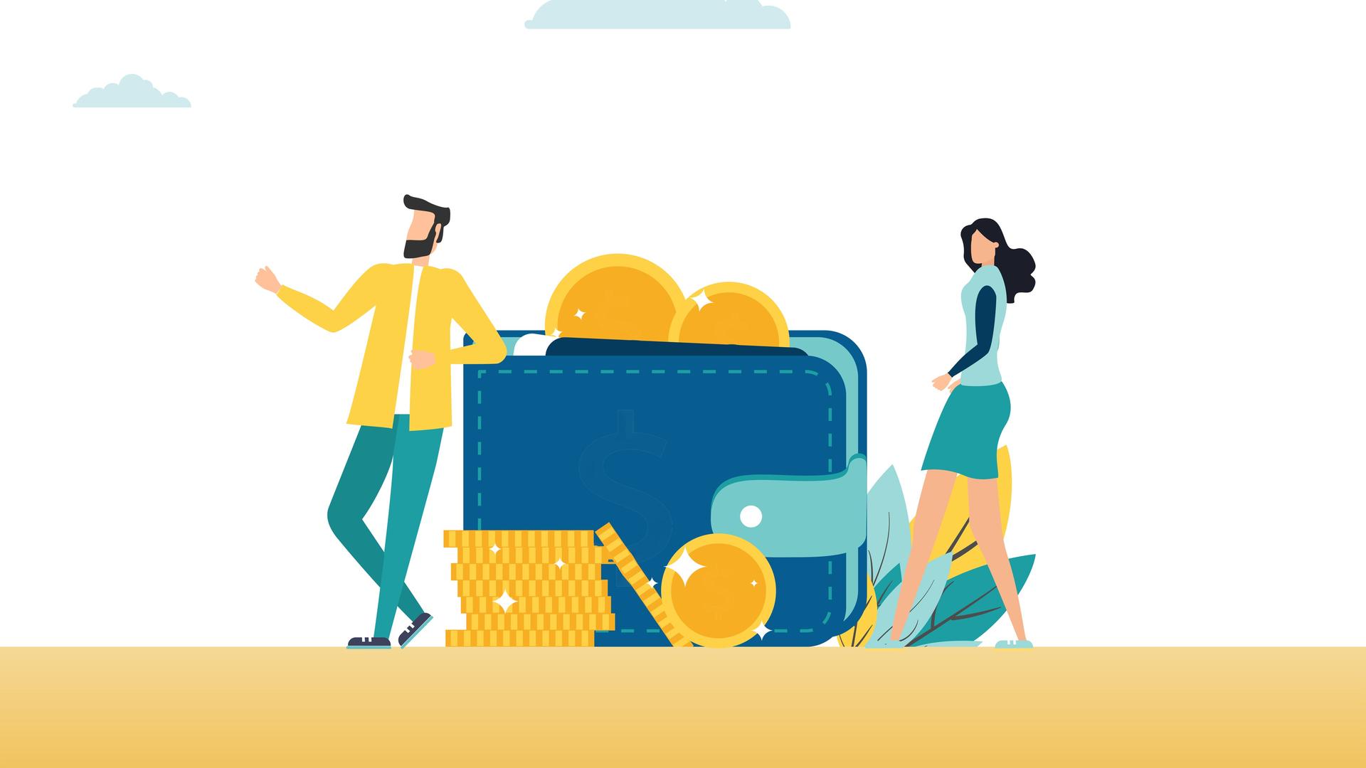 Illustration: ein Mann und eine Frau, zwischen ihnen eine übergroße Geldbörse. Illustration: ein Mann und eine Frau, zwischen ihnen eine übergroße Geldbörse.