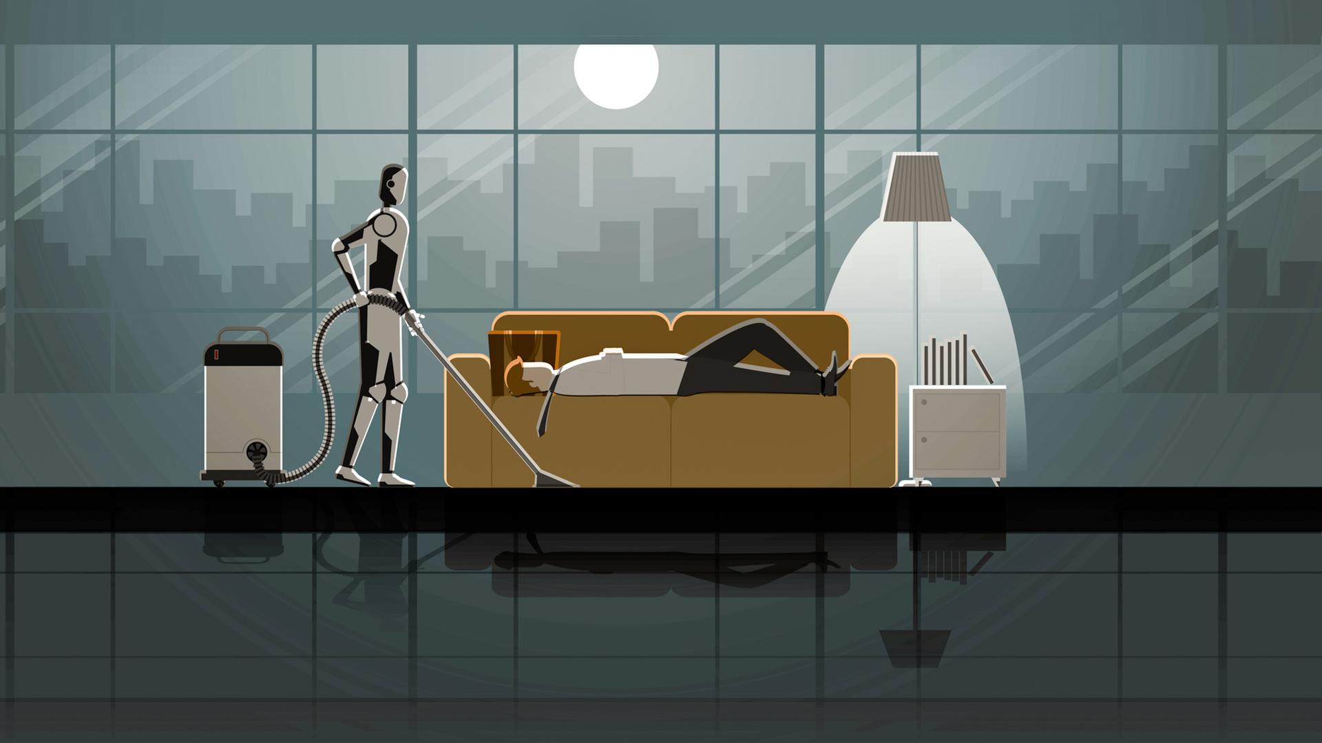 Ein Roboter mit Künstlicher Intelligenz saugt bei Mondschein den Boden in einer Wohnung, während eine Mann auf einem Sofa liegt und schlägt. Ein Roboter mit Künstlicher Intelligenz saugt bei Mondschein den Boden in einer Wohnung, während eine Mann auf einem Sofa liegt und schlägt.