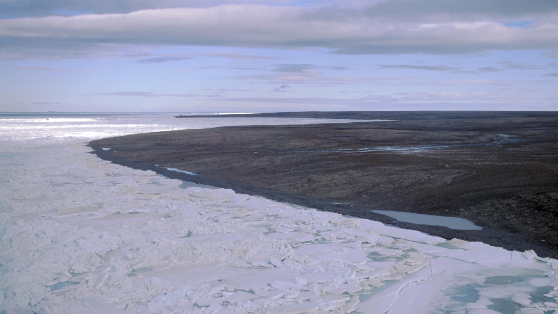 Blick über eine durch Dauerfrost (Permafrost) gezeichnete Landschaft auf der zur Russland gehörenden Bolschewik Insel. Während im Vordergrund noch Packeis herrscht, ist die Landschaft im Hintergrund schon aufgetaut und schlammig. Aufnahme: 24.08.1999 Blick über eine durch Dauerfrost (Permafrost) gezeichnete Landschaft auf der zur Russland gehörenden Bolschewik Insel. Während im Vordergrund noch Packeis herrscht, ist die Landschaft im Hintergrund schon aufgetaut und schlammig. Aufnahme: 24.08.1999