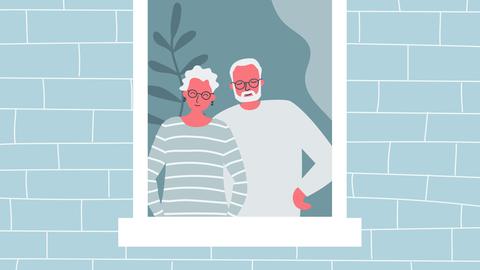 Illustration: Ein älteres Paar steht zusammen am Fenster.
