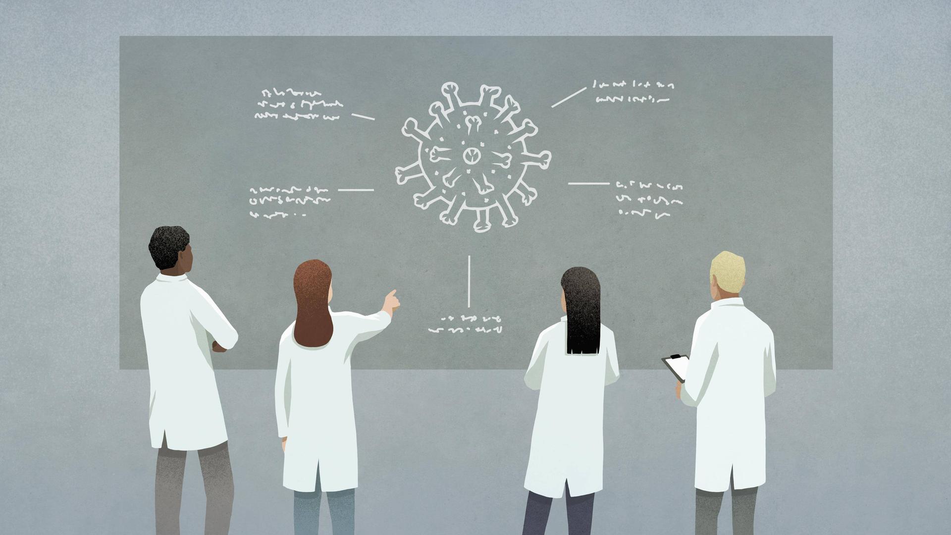 Illustration: Eine Gruppe von WissenschaftlerInnen steht vor einer großen Tafel, auf der ein Virus abgebildert ist. Illustration: Eine Gruppe von WissenschaftlerInnen steht vor einer großen Tafel, auf der ein Virus abgebildert ist.