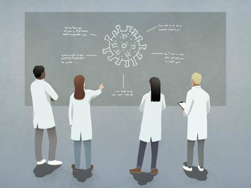 Illustration: Eine Gruppe von WissenschaftlerInnen steht vor einer großen Tafel, auf der ein Virus abgebildert ist.