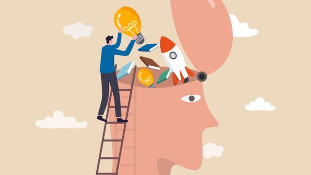 Illustration eines Mann, der auf einer Leiter steht und Glühbirnen, Bücher und eine Rakete in einen überdimensionalen menschlichen Kopf wirft, um die Arbeitsfähigkeit zu verbessern.