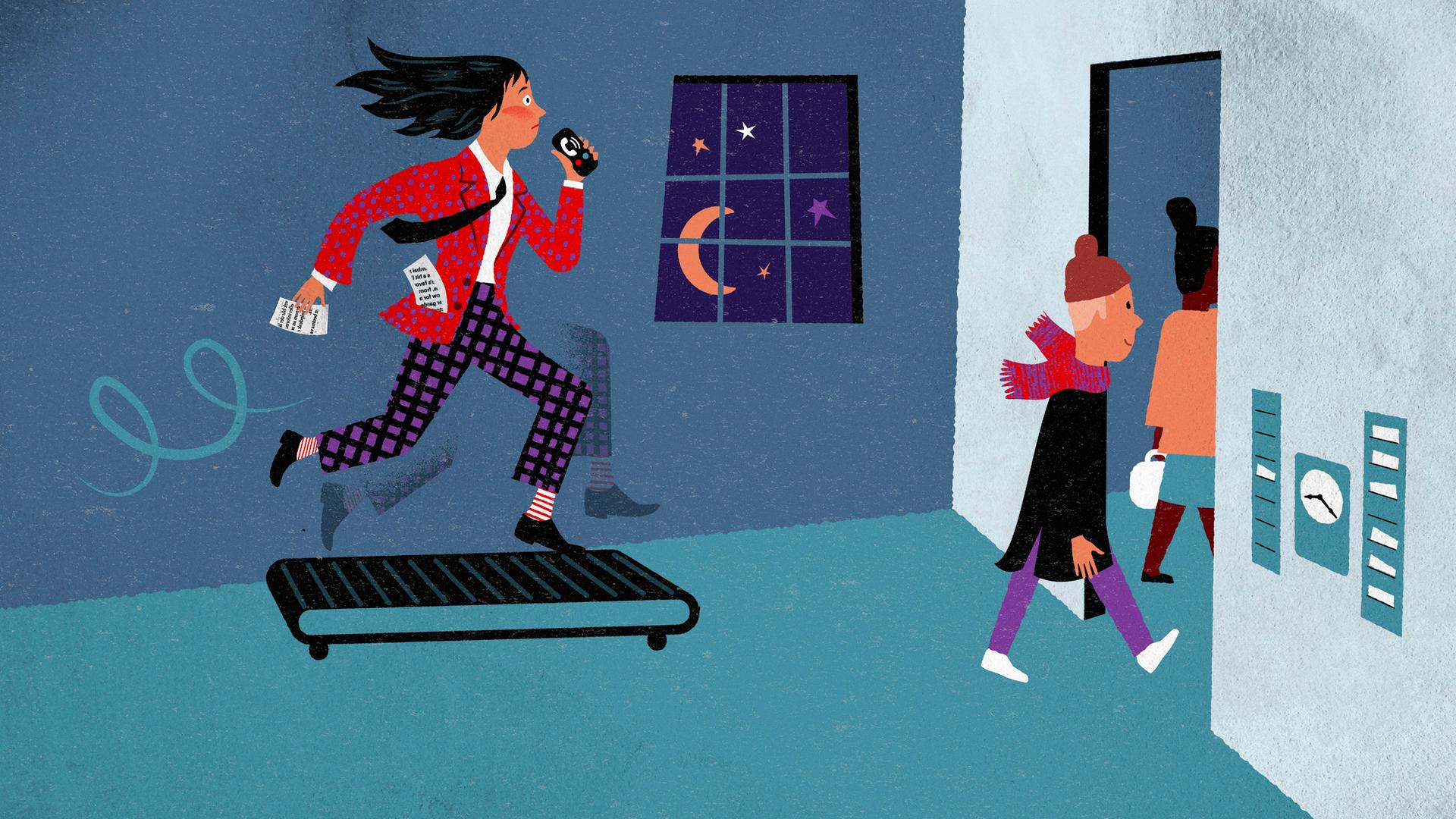 Illustration einer verzweifelt arbeitenden Mutter auf dem Laufband mit Kindern, die zur Schule gehen. Illustration einer verzweifelt arbeitenden Mutter auf dem Laufband mit Kindern, die zur Schule gehen.