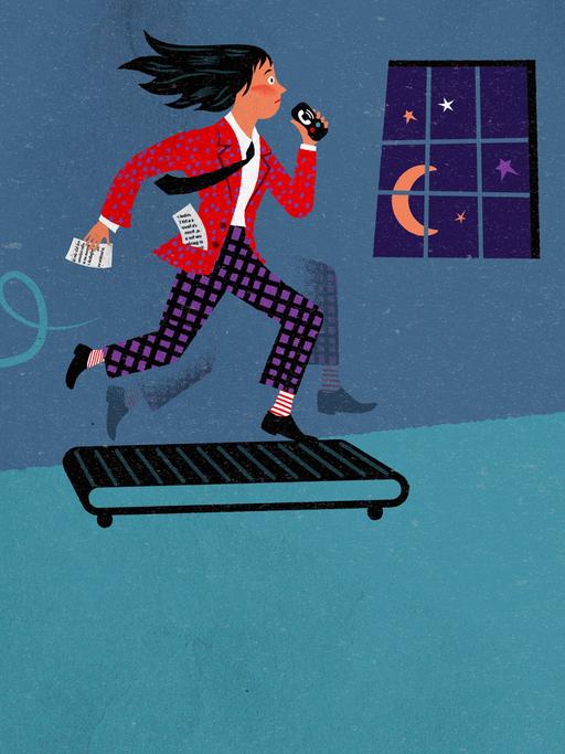 Illustration einer verzweifelt arbeitenden Mutter auf dem Laufband mit Kindern, die zur Schule gehen. 