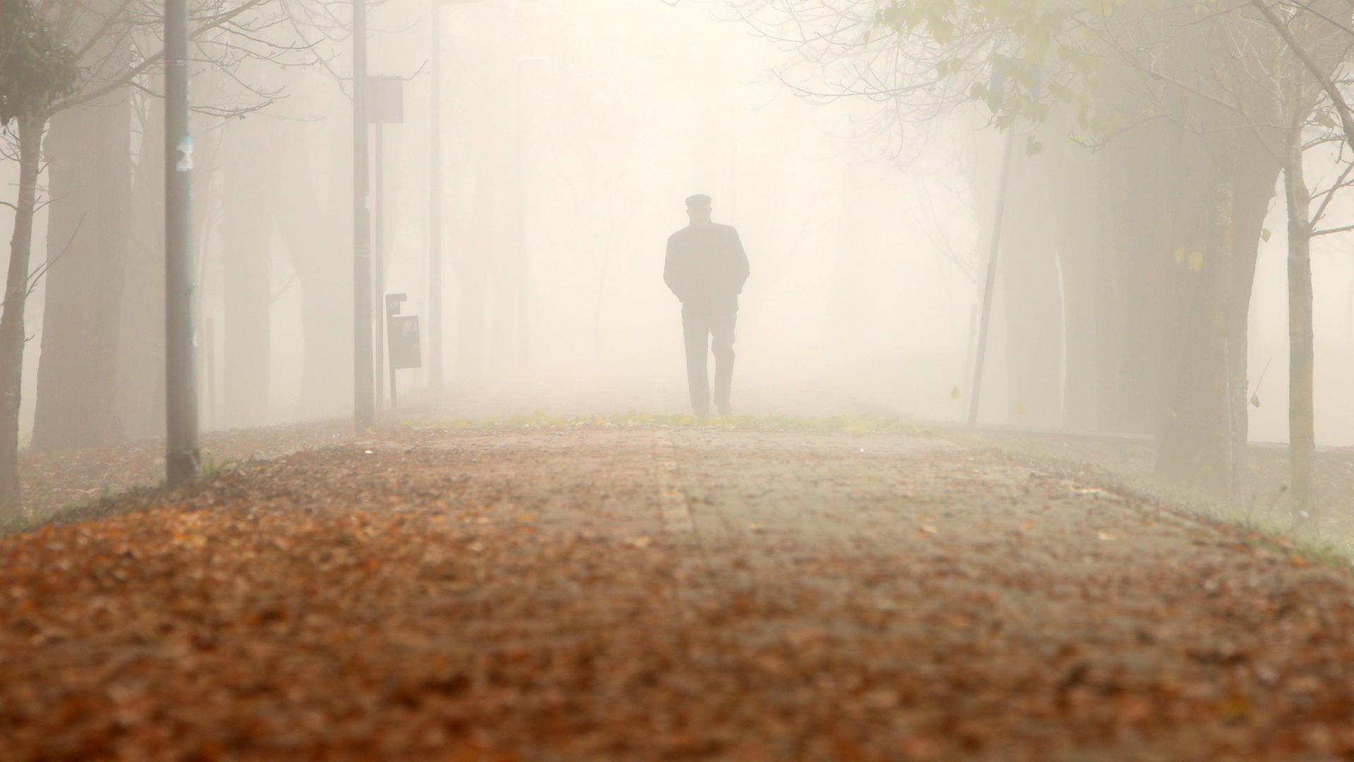 Ein Mann geht im Nebel spazieren. Ein Mann geht im Nebel spazieren.