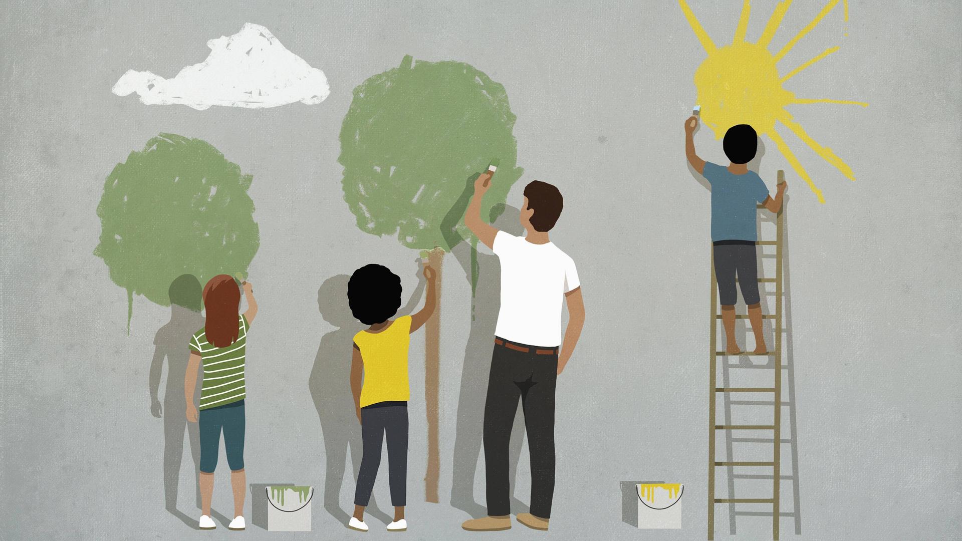 Illustration: Drei Kinder und eine erwachsene Person bemalen eine Wand. Eines der Kinder steht auf einer Leiter und kann somit am höchsten reichen. Es malt eine Sonne. Illustration: Drei Kinder und eine erwachsene Person bemalen eine Wand. Eines der Kinder steht auf einer Leiter und kann somit am höchsten reichen. Es malt eine Sonne.