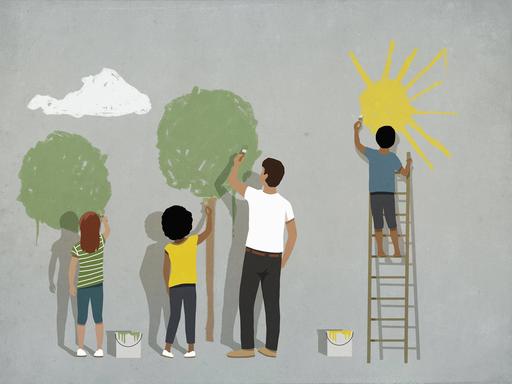 Illustration: Drei Kinder und eine erwachsene Person bemalen eine Wand. Eines der Kinder steht auf einer Leiter und kann somit am höchsten reichen. Es malt eine Sonne.