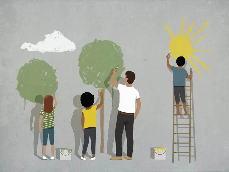 Illustration: Drei Kinder und eine erwachsene Person bemalen eine Wand. Eines der Kinder steht auf einer Leiter und kann somit am höchsten reichen. Es malt eine Sonne.