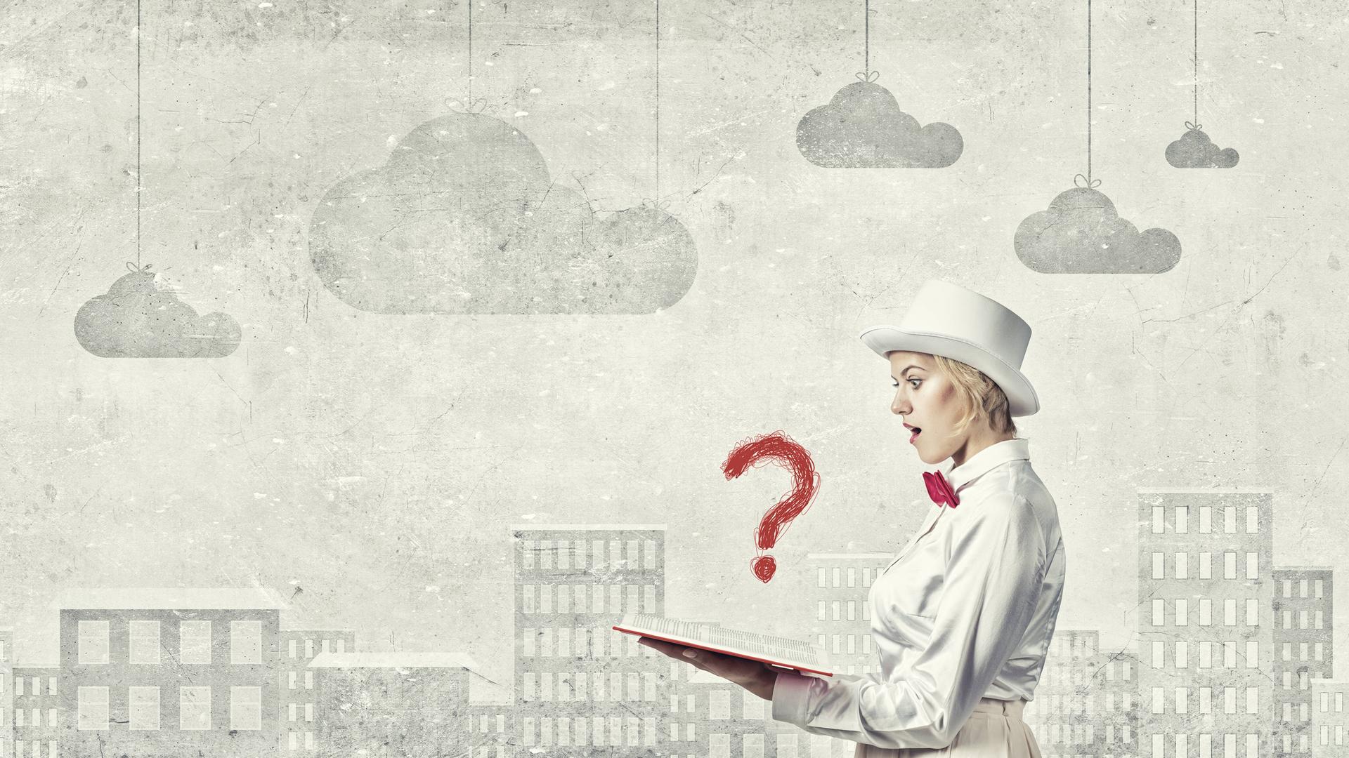 Illustration einer Frau, die auf ein Buch schaut. Vor ihr ein rotes Fragezeichen. Illustration einer Frau, die auf ein Buch schaut. Vor ihr ein rotes Fragezeichen.