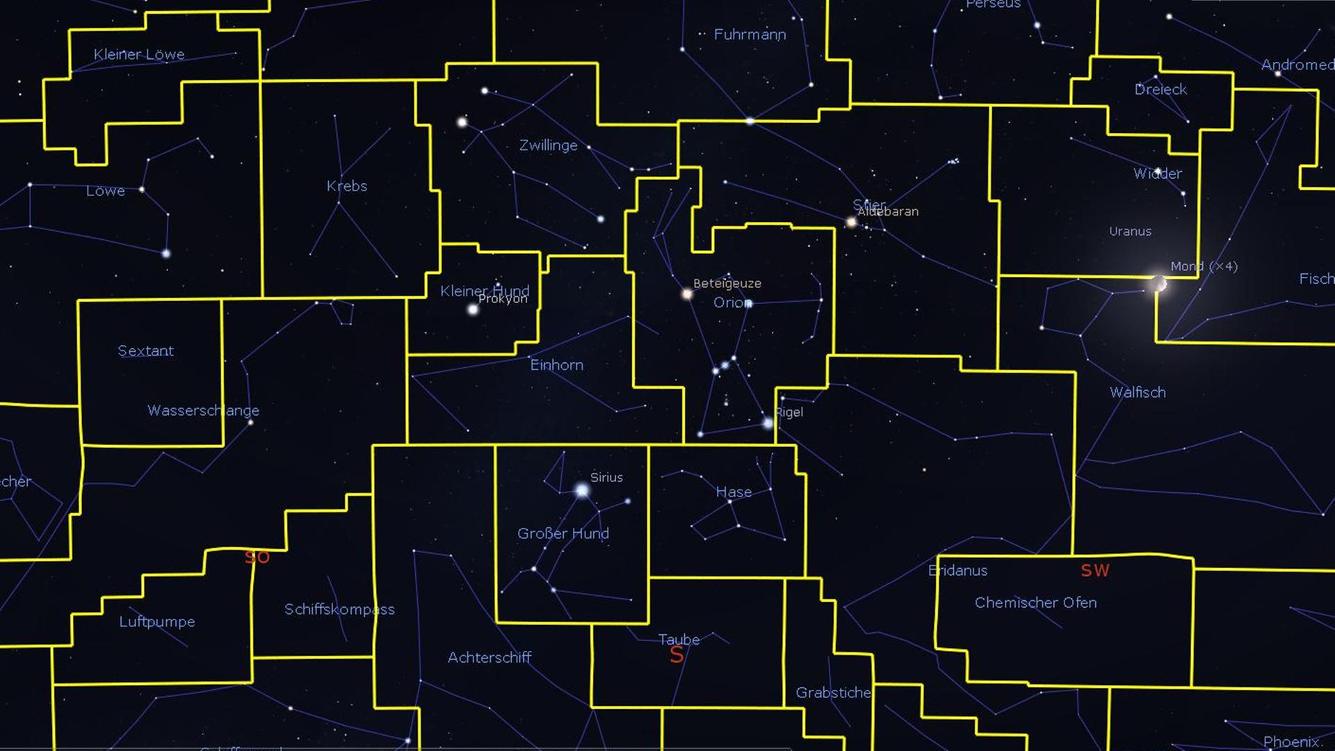Die Figuren des abendlichen Sternenhimmels mit gelb markierten Grenzen der Sternbilder – festgelegt von Eugène Delporte