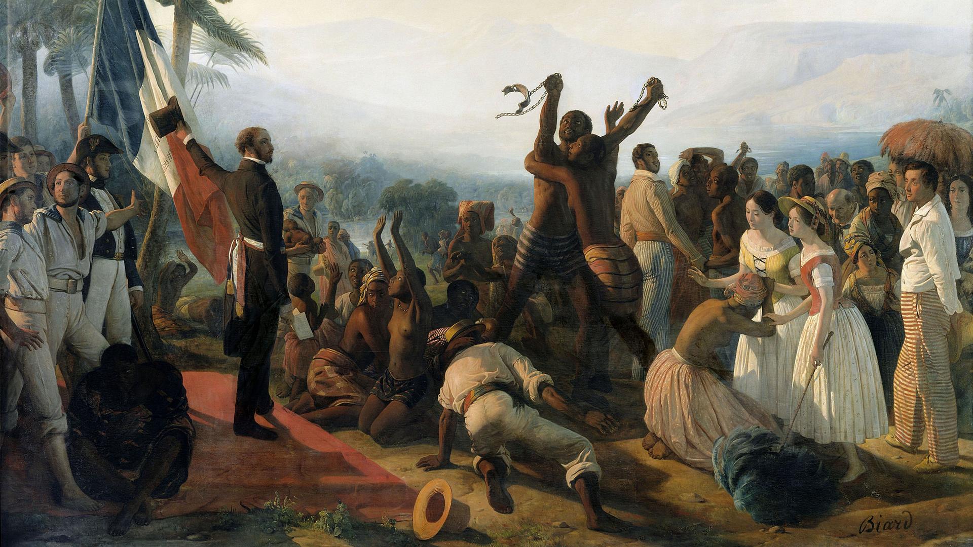 François-Auguste Biard: "L'abolition de l'esclavage dans les colonies françaises en 1848." Gemälde Öl auf Leinwand von 1849. François-Auguste Biard: "L'abolition de l'esclavage dans les colonies françaises en 1848." Gemälde Öl auf Leinwand von 1849.