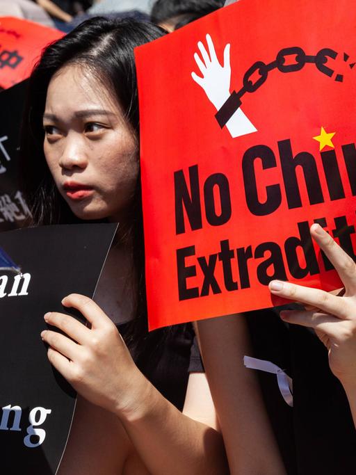 Eine junge Frau hält ein Plakat mit der Aufschrift "Taiwan with Hong Kong", eine andere eins mit "No China Extradition" bei einer Kundgebung in Taipeh, Taiwan, am 16.06.2019