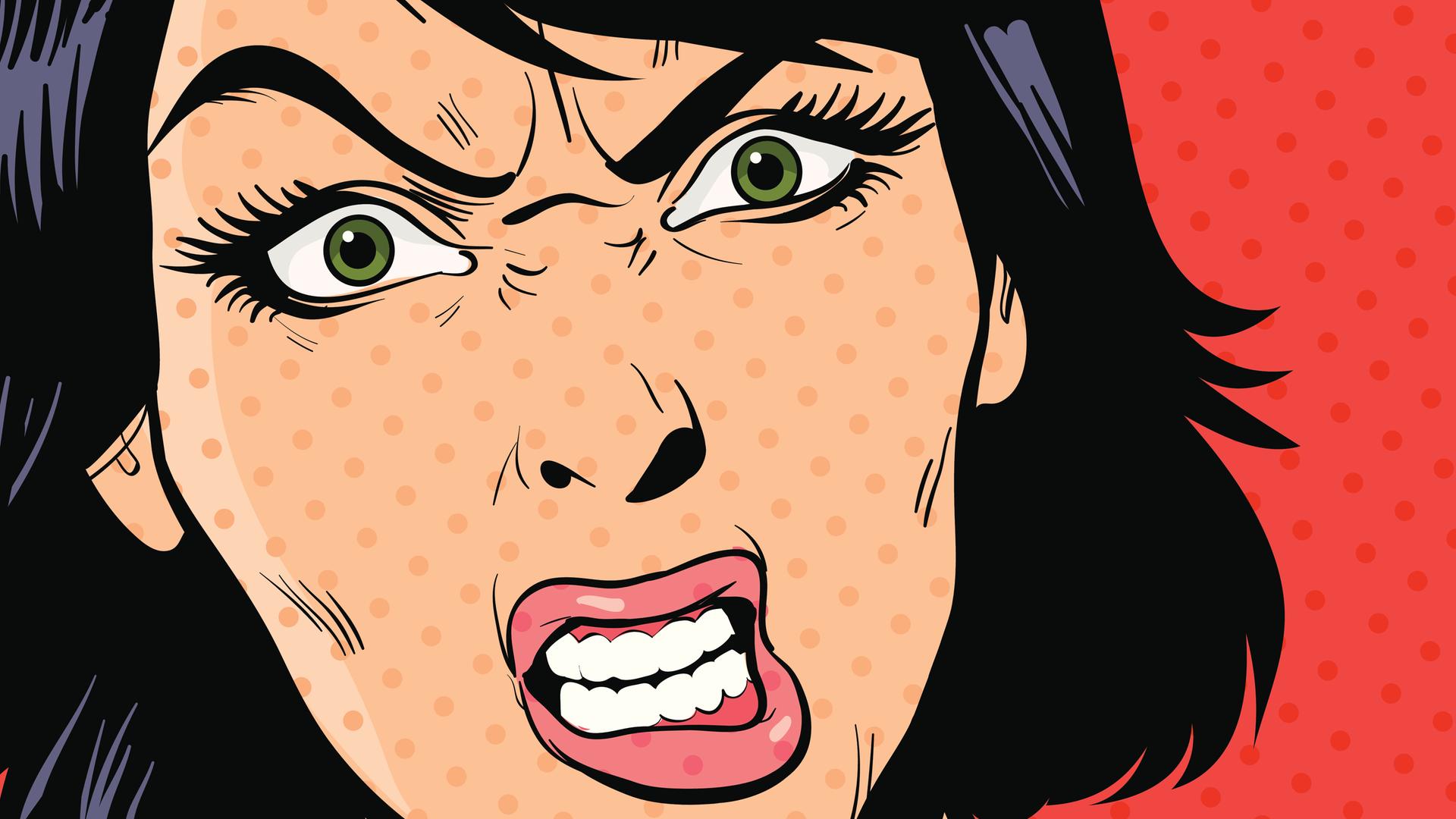 Illustration einer Frau mit einem wütenden Gesicht, im Stile der Pop Art.