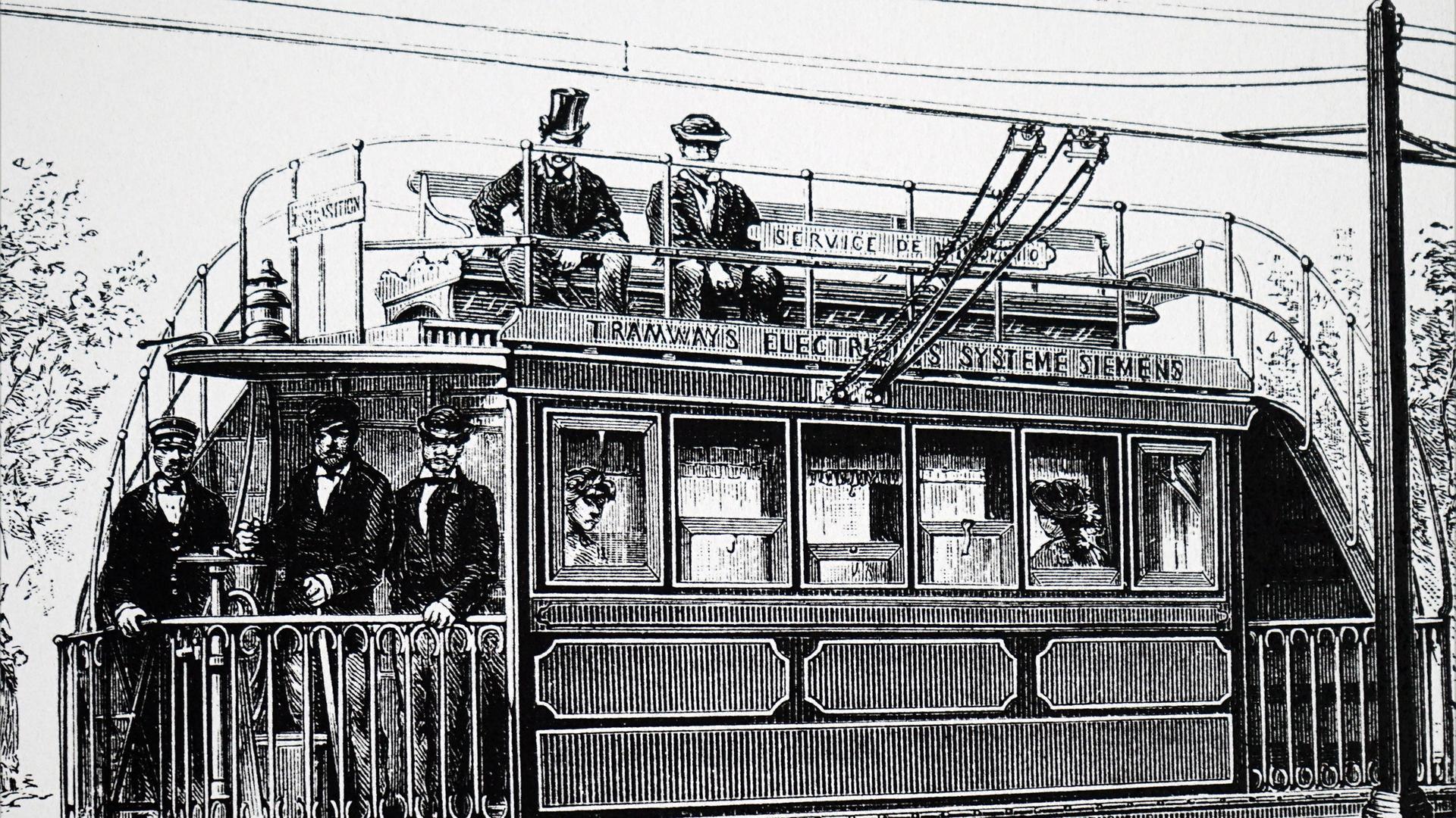 Die Firma "Siemens & Halske" war auch an der Entwicklung der Elektromobilität beteiligt - Illustration der elektrischen Eisenbahn, die Siemens und Halske auf der Elektrizitätsausstellung 1881 in Paris vorführten. Die Firma "Siemens & Halske" war auch an der Entwicklung der Elektromobilität beteiligt - Illustration der elektrischen Eisenbahn, die Siemens und Halske auf der Elektrizitätsausstellung 1881 in Paris vorführten.