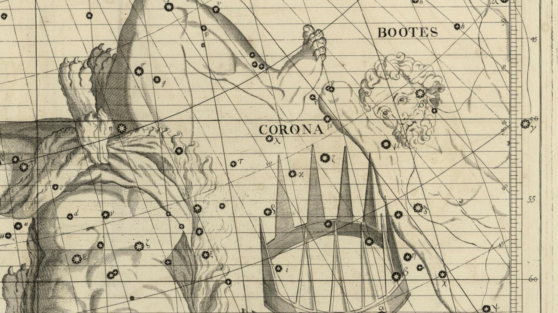 Die Nördliche Krone im „Atlas Coelestis“ des britischen Astronomen John Flamsteed Veröffentlicht 1729.