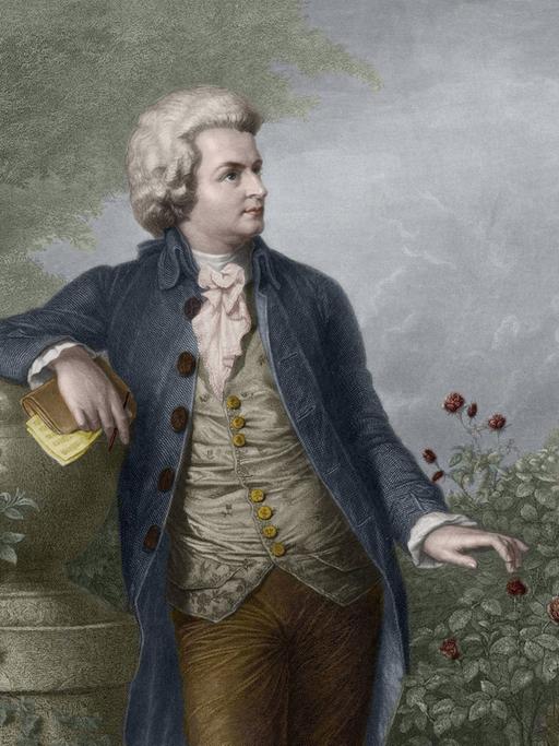 Ein romantisiertes Porträt von Wolfgang Amadeus Mozart zeigt den Komponisten vor einem Rosenbeet an eine Säule gelehnt, gezeichnte von Paul Barfus (1823-1895) 