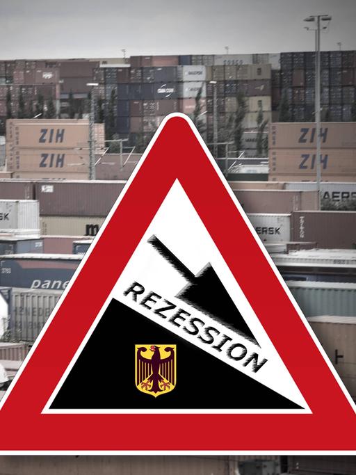 Die Fotomontage zeigt ein Verkehrsschild mit einem Pfeil nach unten und dem Schriftzug "Rezession", im Hintergrund sind Schiffscontainer zu sehen.