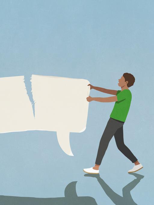 Illustration zweier Personen, die im Streit eine große Sprachblase in der Mitte durchreißen.