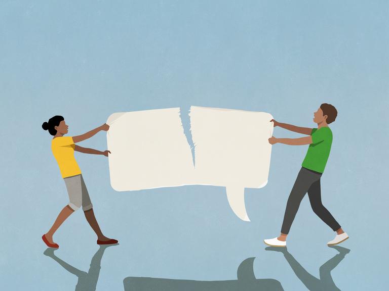 Illustration zweier Personen, die im Streit eine große Sprachblase in der Mitte durchreißen.