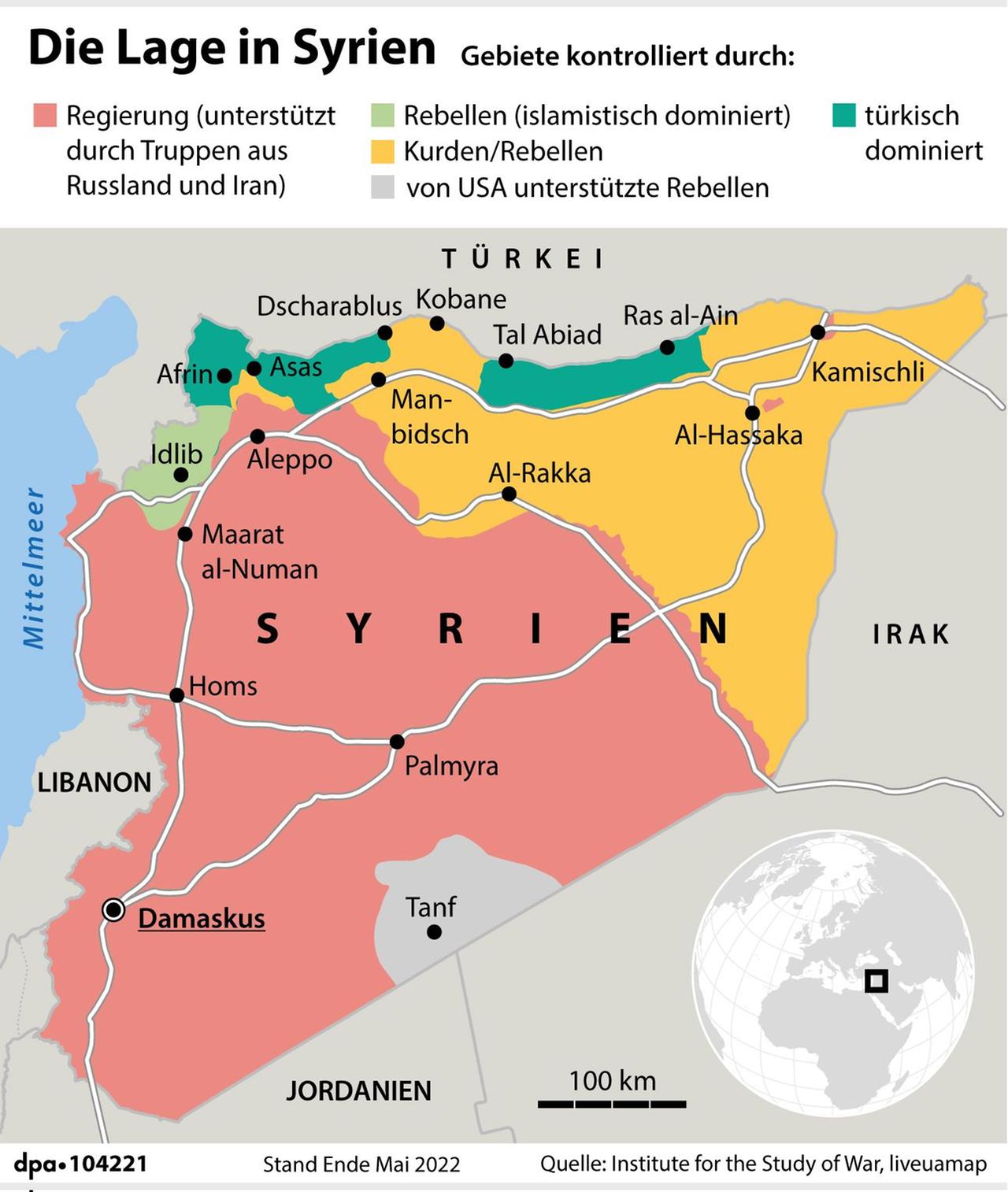 Eine Karte zeigt die Lage in Syrien und wer welche Gebiete kontrolliert