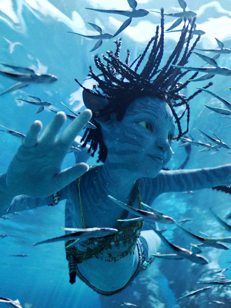 Eine Avatar schwimmt mit Fischen unter Wasser