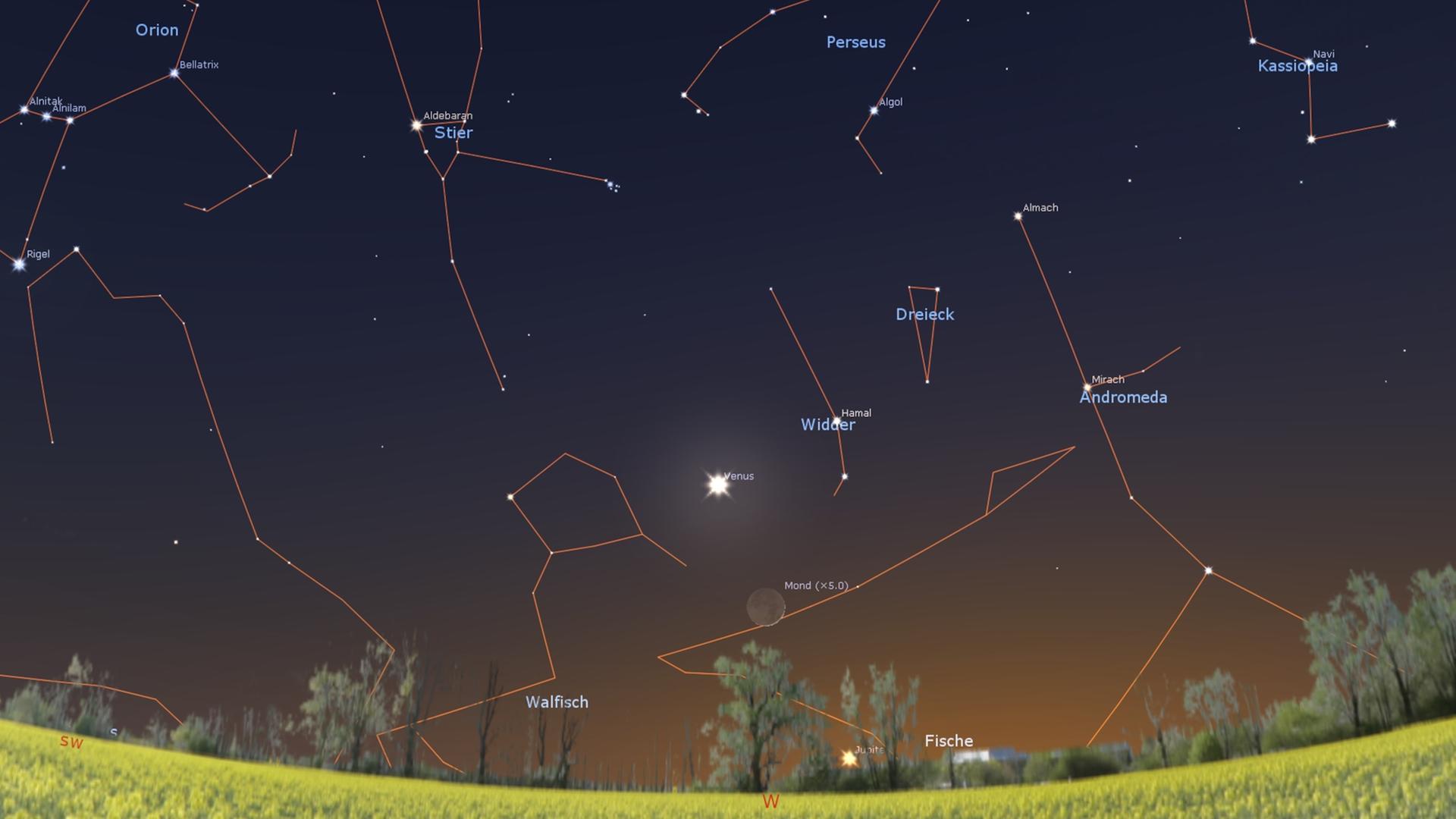 Am Abend des 23. März ist fast die komplette dunkle Seite des Mondes zu sehen:
Die hauchdünne Sichel steht unterhalb der strahlend hellen Venus.
