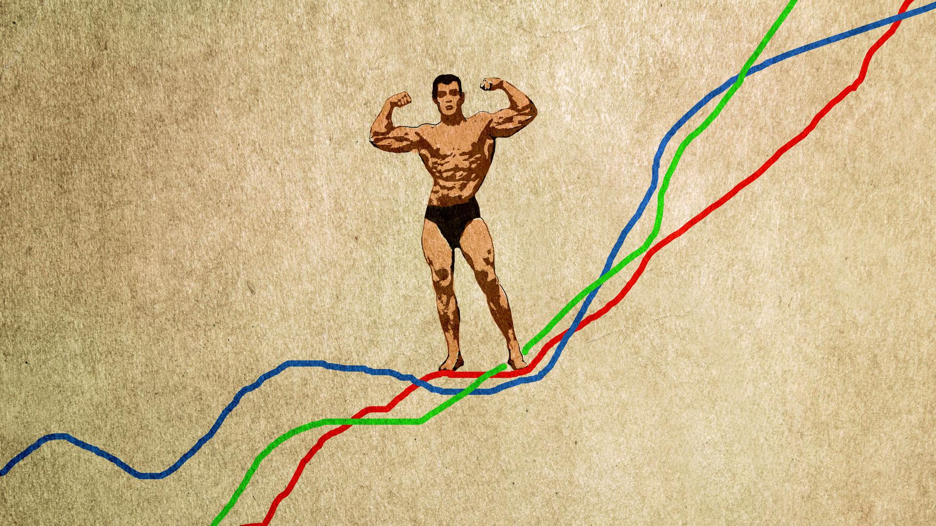Bodybuilder posiert oben auf einem Liniendiagramm Bodybuilder posiert oben auf einem Liniendiagramm