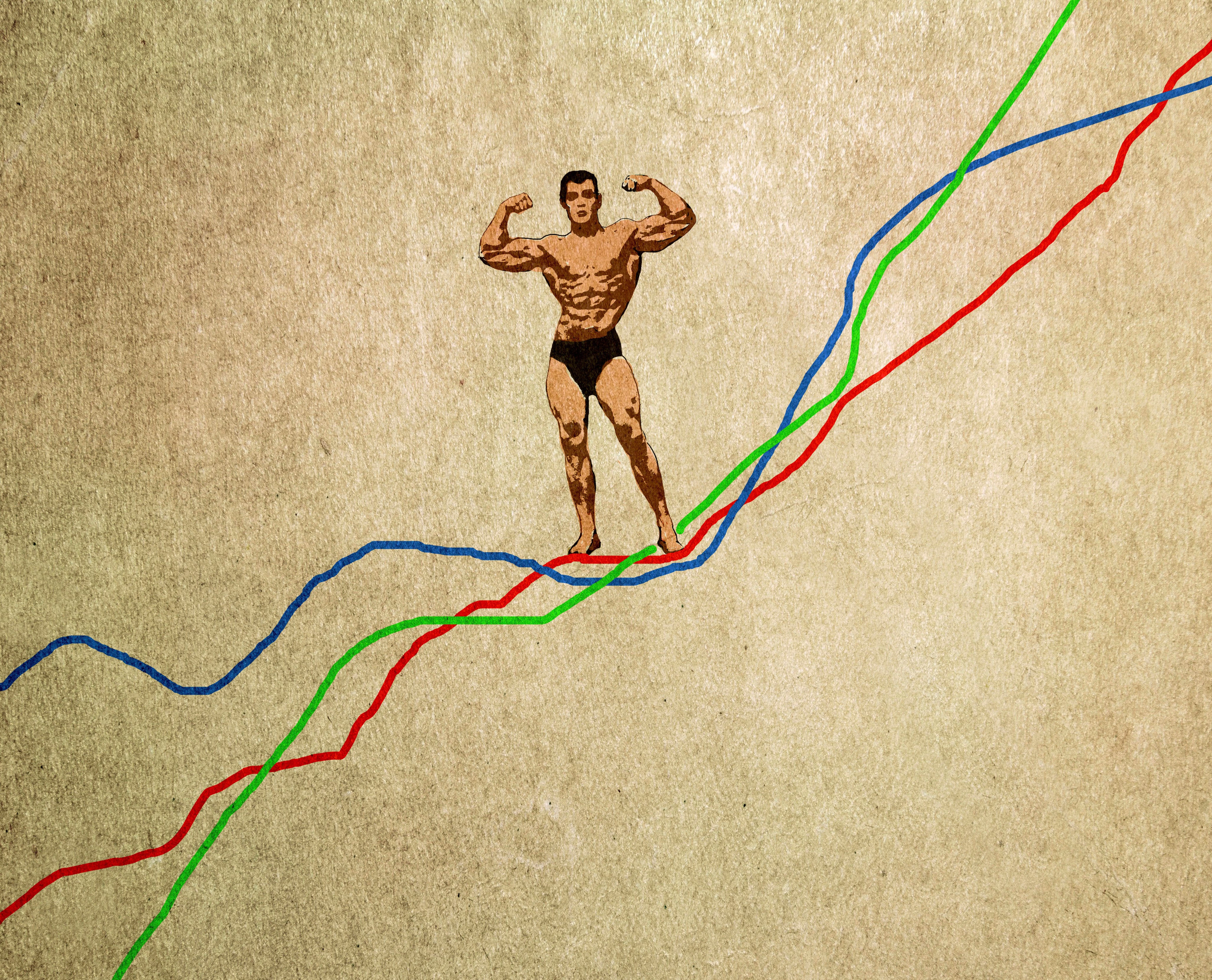 Bodybuilder posiert oben auf einem Liniendiagramm