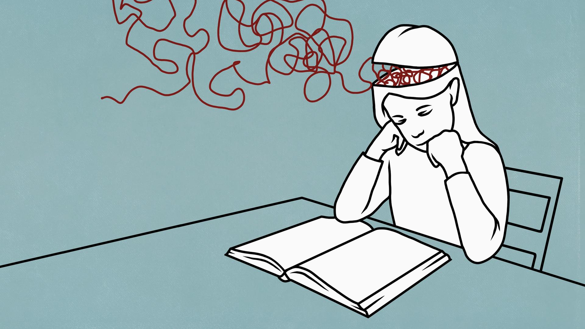 Illustration eines Mädchens am Schreibtisch. Vor ihm liegt ein aufgeklapptes Buch, in dem es liest. Der Kopf des Mädchens ist an der Stirn aufgeklappt und rote Fäden treten daraus hervor oder kommen hinein. Illustration eines Mädchens am Schreibtisch. Vor ihm liegt ein aufgeklapptes Buch, in dem es liest. Der Kopf des Mädchens ist an der Stirn aufgeklappt und rote Fäden treten daraus hervor oder kommen hinein.