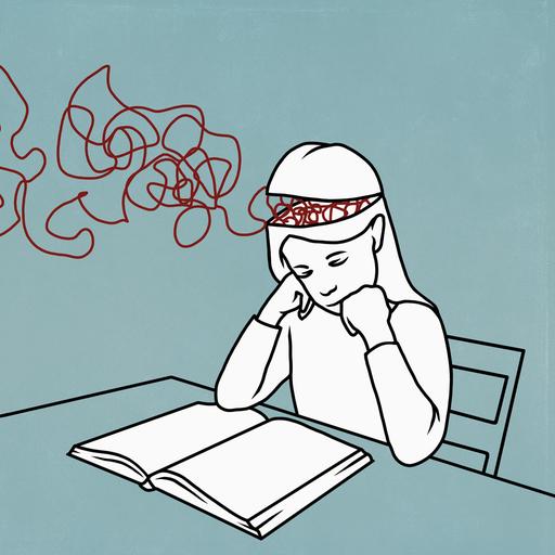 Illustration eines Mädchens am Schreibtisch. Vor ihm liegt ein aufgeklapptes Buch, in dem es liest. Der Kopf des Mädchens ist an der Stirn aufgeklappt und rote Fäden treten daraus hervor oder kommen hinein.