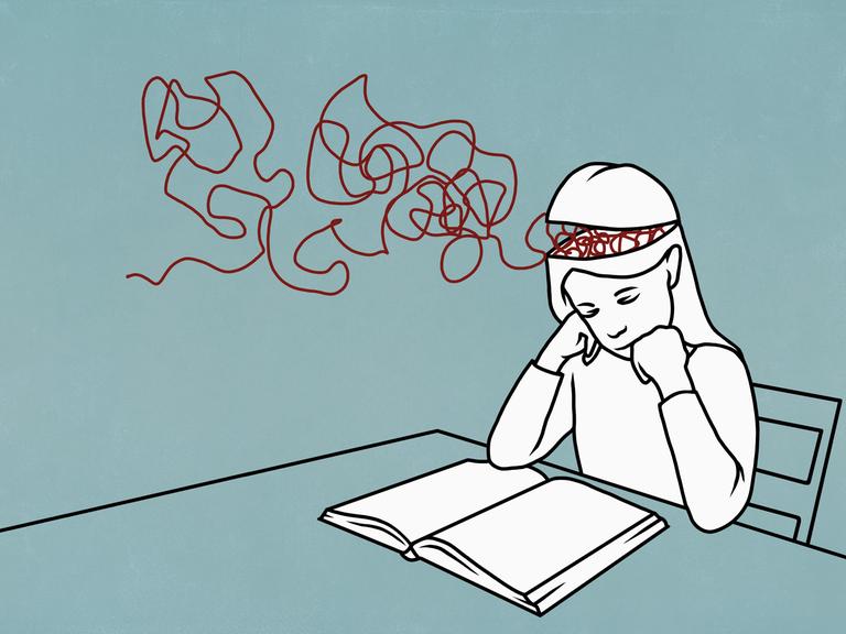 Illustration eines Mädchens am Schreibtisch. Vor ihm liegt ein aufgeklapptes Buch, in dem es liest. Der Kopf des Mädchens ist an der Stirn aufgeklappt und rote Fäden treten daraus hervor oder kommen hinein.