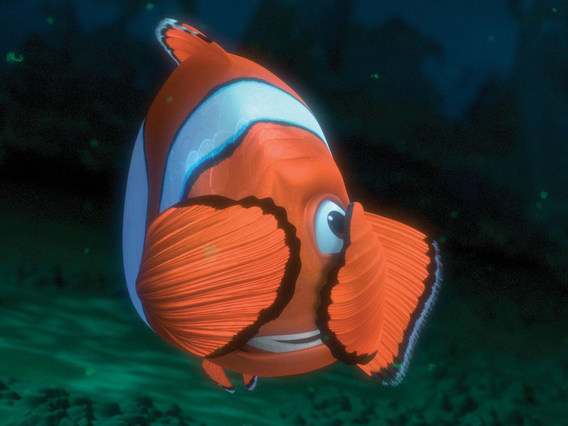 Szenenbild aus dem Film "Findet Nemo". Der Vater von Nemo hält sich mit den Flossen die Augen zu.