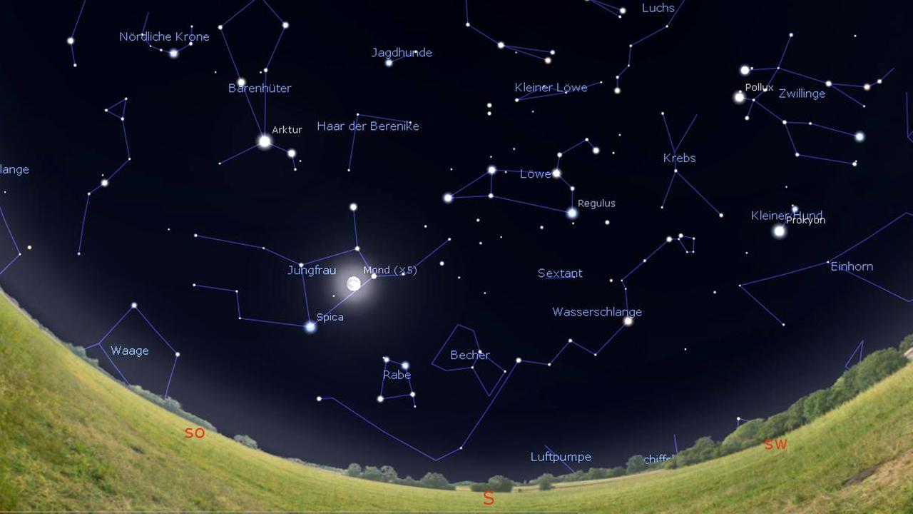 Der Anblick des Südhimmels morgen gegen Mitternacht, am 15. April (für diesen Tag gilt die Mondstellung) um 23 Uhr und zu Monatsende um 22 Uhr MESZ