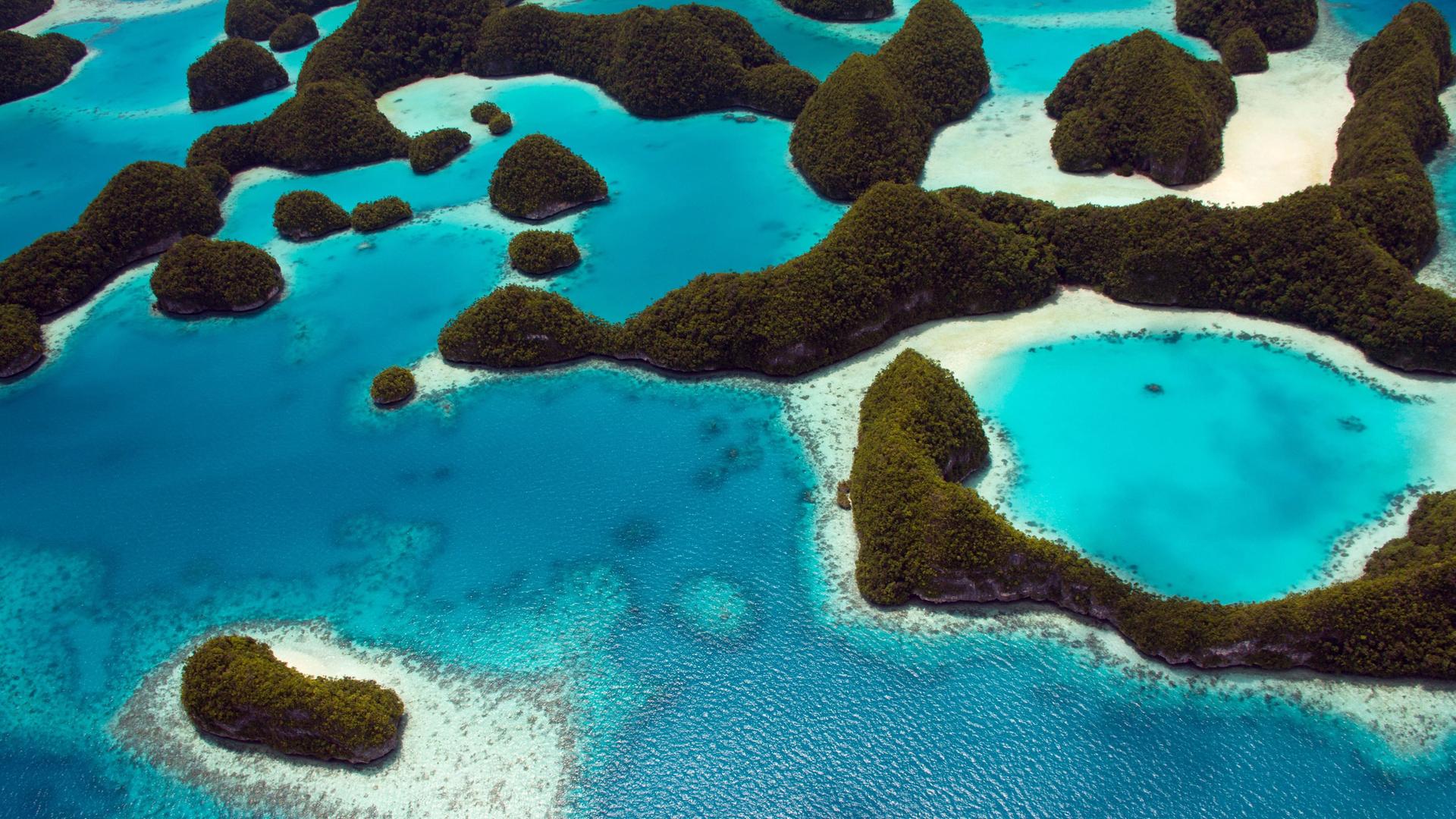 Luftaufnahme einer Inselgruppe in Palau: Grün bewaldete Hügel erheben sich aus dem Wasser, in Küstennähe sind Korallenriffe zu sehen. Luftaufnahme einer Inselgruppe in Palau: Grün bewaldete Hügel erheben sich aus dem Wasser, in Küstennähe sind Korallenriffe zu sehen.