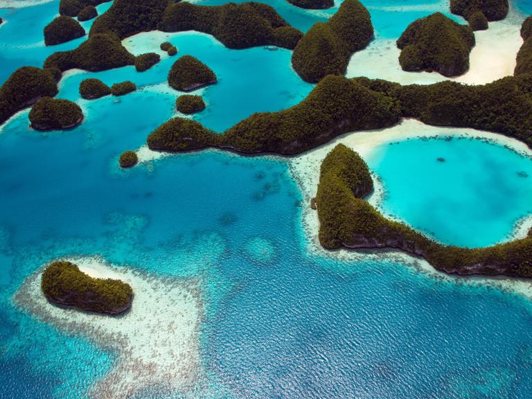 Luftaufnahme einer Inselgruppe in Palau: Grün bewaldete Hügel erheben sich aus dem Wasser, in Küstennähe sind Korallenriffe zu sehen.