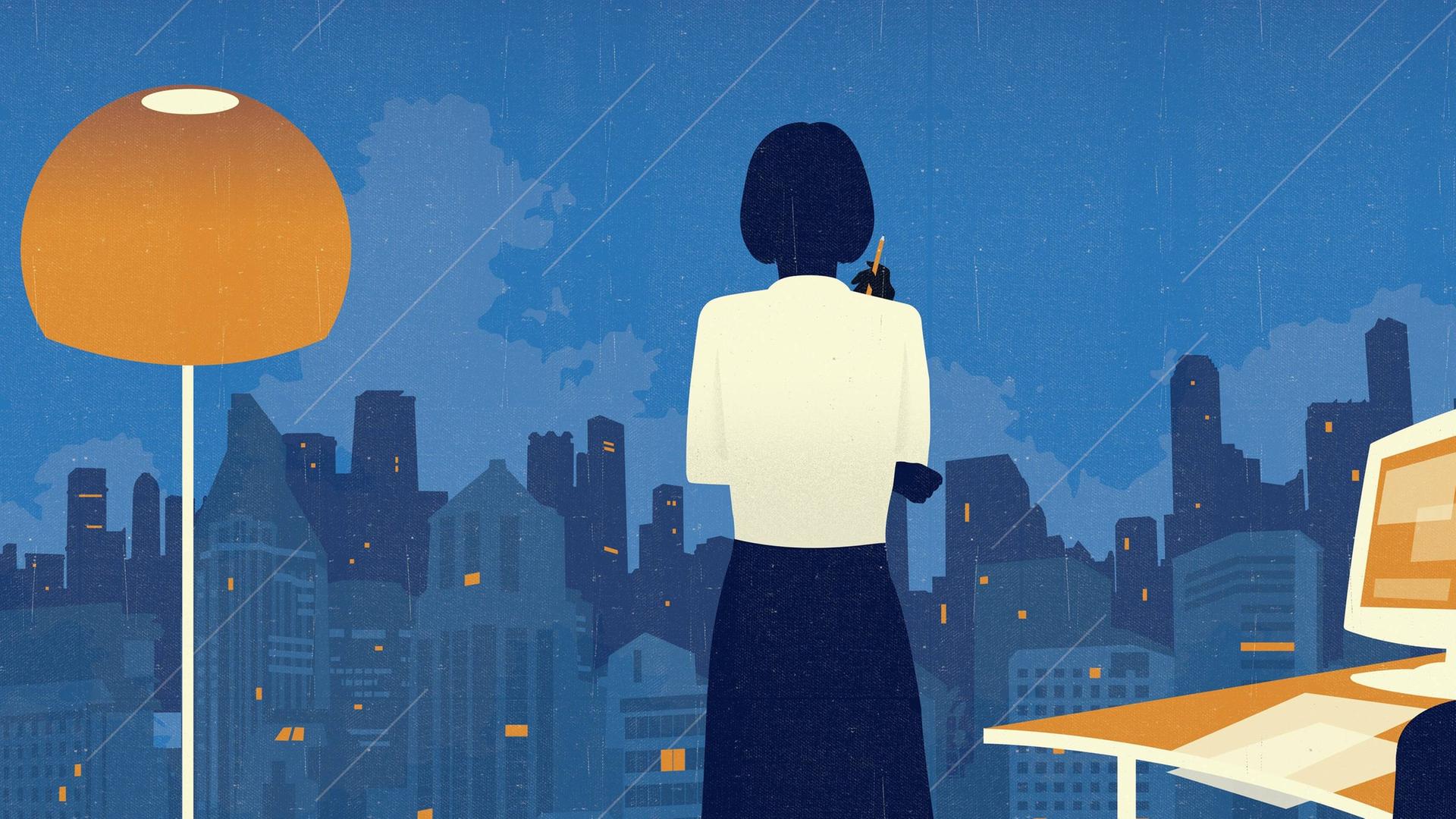 Illustration einer Frau, die mit dem Rücken zu uns nachdenklich an einem großen Fenster steht und über die Skyline einer Großstadt spricht.