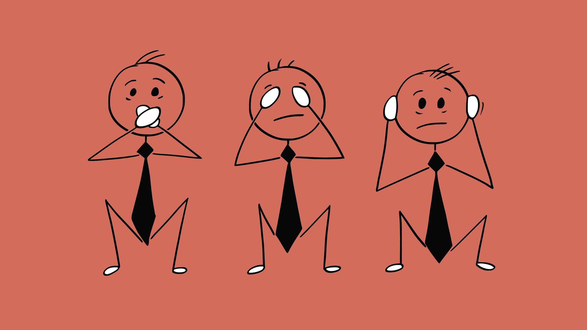 Cartoonartige Strichmännchen, die illustrativ drei Menschen darstellen, die nichts Böses sehen, nichts Böses hören und nichts Böses sagen. Inspiriert durch die Legende der drei weisen Affen. Cartoonartige Strichmännchen, die illustrativ drei Menschen darstellen, die nichts Böses sehen, nichts Böses hören und nichts Böses sagen. Inspiriert durch die Legende der drei weisen Affen.