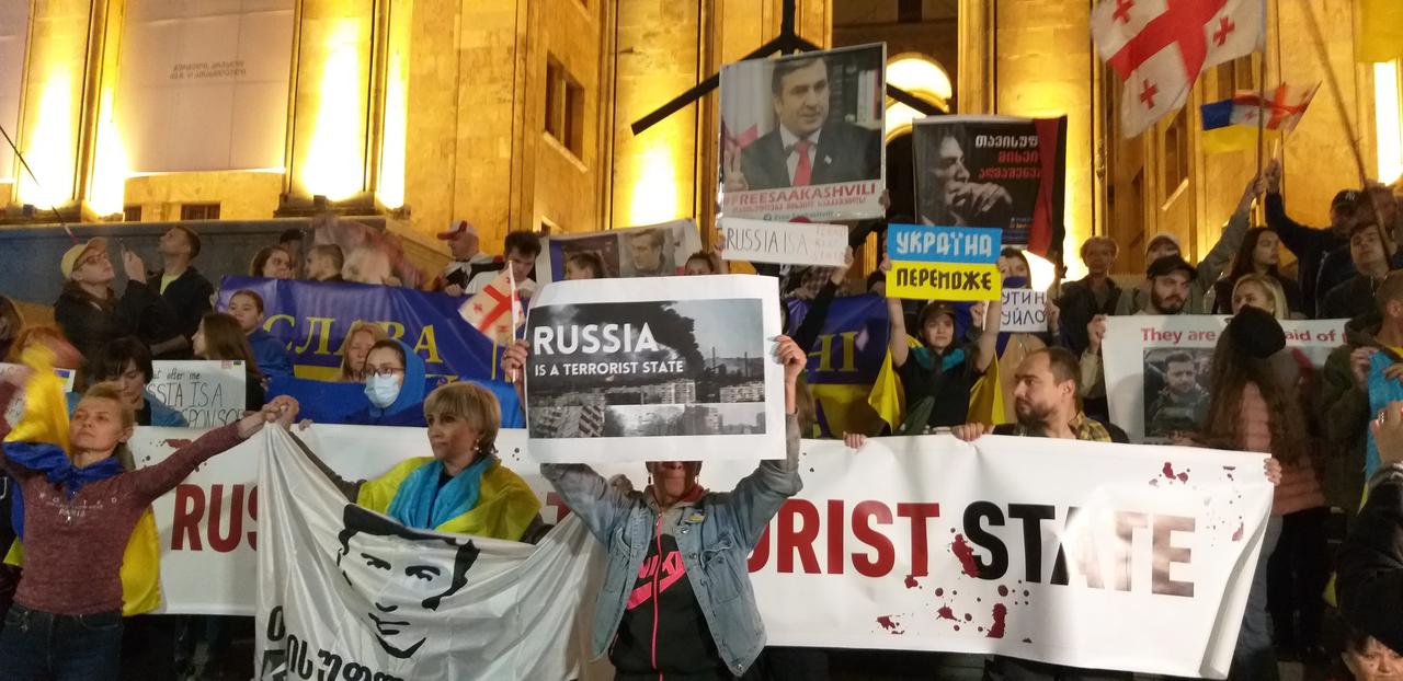 Vor dem Parlamentsgebäude stehen etwa einhundert Menschen mit großen Plakaten, auf denen zum Beispiel steht, dass Russland ein Terror-Staat ist.