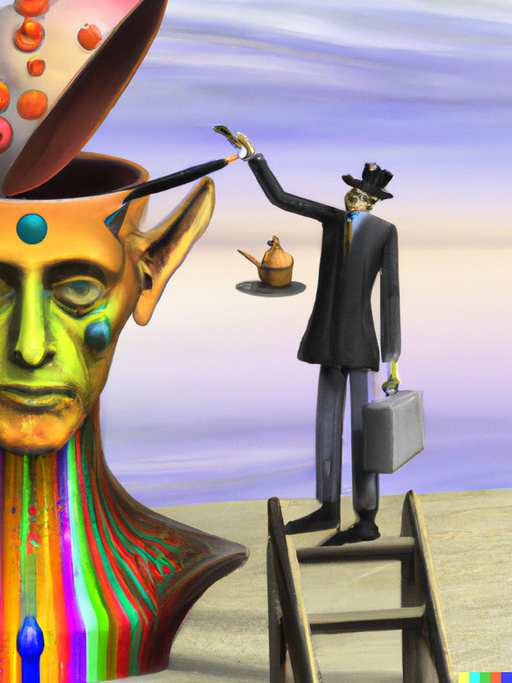 Ein Bild im Stil von Dali: Ein Mensch schaut in den offenen Kopf einer übergroßen Person.