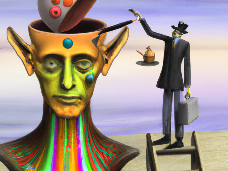 Ein Bild im Stil von Dali: Ein Mensch schaut in den offenen Kopf einer übergroßen Person.