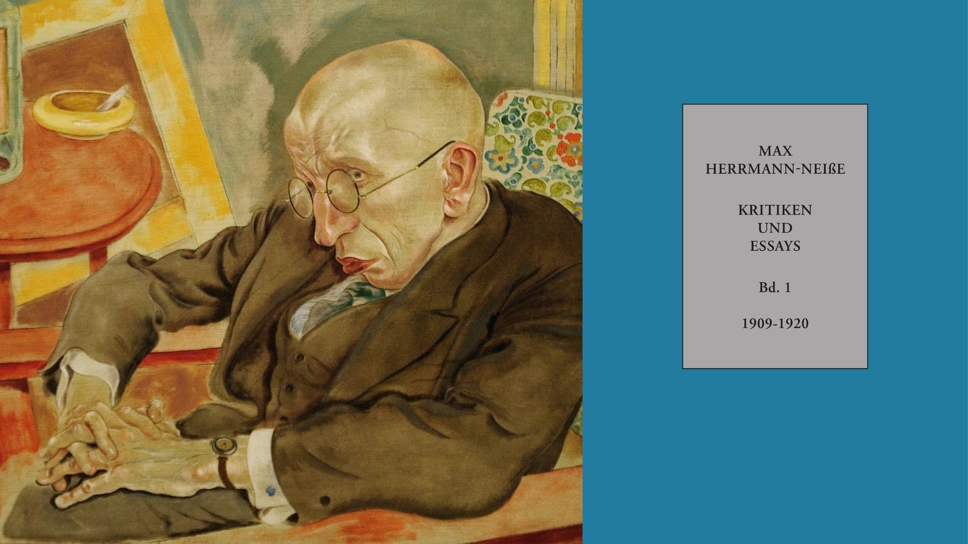 Der Schriftsteller Max Herrmann-Neiße 1927, auf einem Gemälde von George Grosz, der ihn in einem geblümten Sessel sitzend malte, als hätte man ihn darin zusammengeklappt (Museum of Modern Art, New York, Ausschnitt) und der Buchrücken der "Kritiken und Essays 1920-1924". Der Schriftsteller Max Herrmann-Neiße 1927, auf einem Gemälde von George Grosz, der ihn in einem geblümten Sessel sitzend malte, als hätte man ihn darin zusammengeklappt (Museum of Modern Art, New York, Ausschnitt) und der Buchrücken der "Kritiken und Essays 1920-1924".