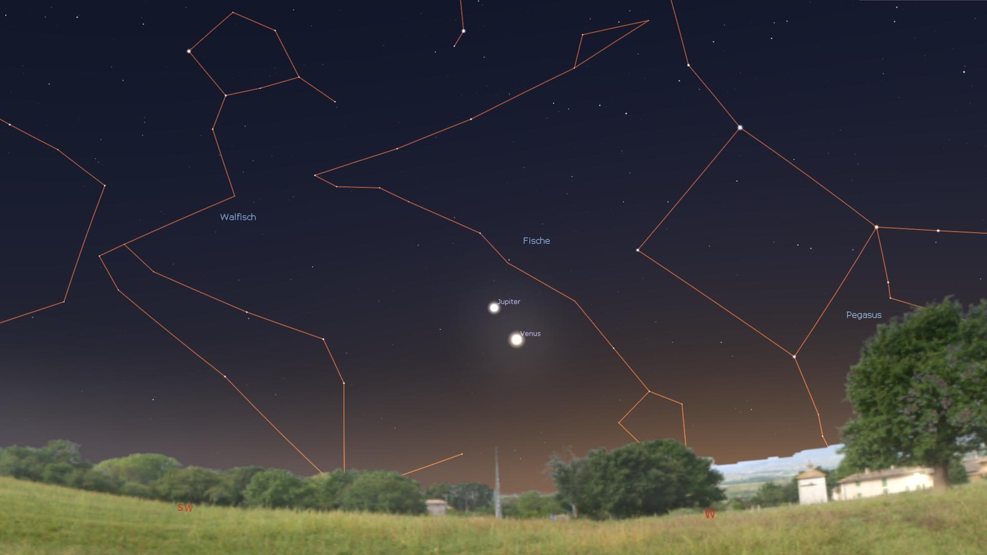 Geschwister-Rivialität am Westhimmel: an derFebruar-März-Schwelle ringen die Abendsterne Venus und Jupiter um Aufmerksamkeit.
