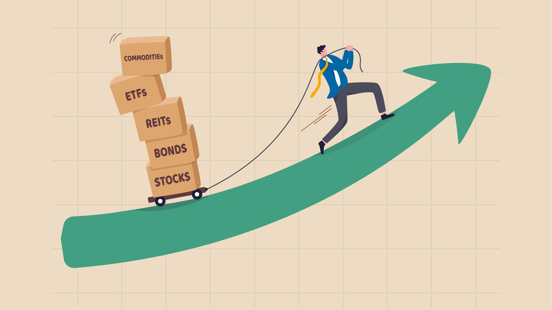 Illustration einer Person, die an einem Strick einen Bollerwagen mit Aktien, ETFs etc. hinter sich her zieht. Das tut sie auf einem nach oben zeigenden grünen Pfeil. Illustration einer Person, die an einem Strick einen Bollerwagen mit Aktien, ETFs etc. hinter sich her zieht. Das tut sie auf einem nach oben zeigenden grünen Pfeil.
