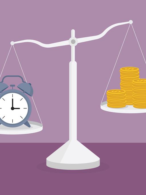 Eine Uhr und ein Stapel Münzen auf den Waagschalen: Die Uhr ist schwerer.
