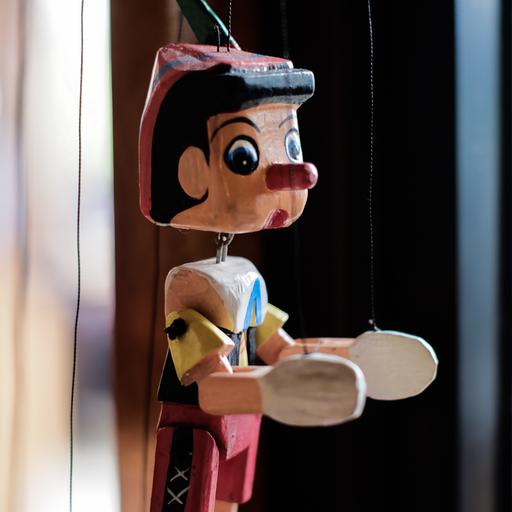 Eine Marionette mit bunter Kleidung und der typischen langen Pinocchio-Nase.
