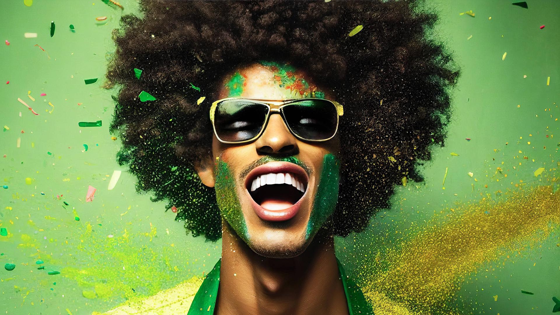 Ein KI-generiertes Bild eines jungen Mannes mit einem breiten Lächelm und einer Sonnenbrille vor grünem Hintergrund. 