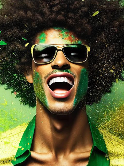 Ein KI-generiertes Bild eines jungen Mannes mit einem breiten Lächelm und einer Sonnenbrille vor grünem Hintergrund. 